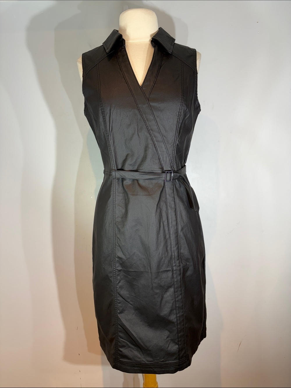WHBM Outlet Faux Leather coated look  Stretch Wrap Dress Belted Charcoal Size 14
